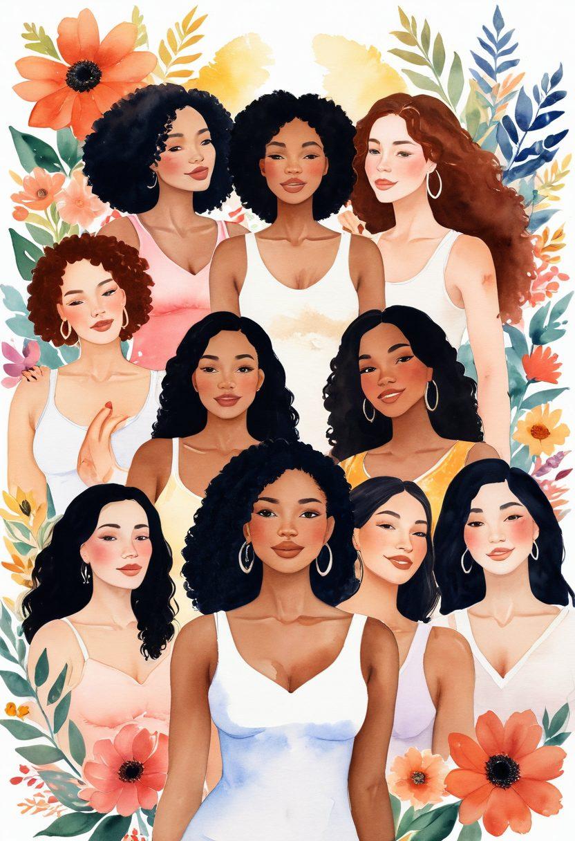 An artistic representation of diverse women of various body types and skin tones celebrating their natural beauty, surrounded by vibrant flowers and uplifting symbols of empowerment. The scene should embody joy and confidence, with soft lighting and a warm color palette to evoke positivity. Include elements like peace signs and hearts to emphasize body positivity. watercolor painting style. vibrant colors.
