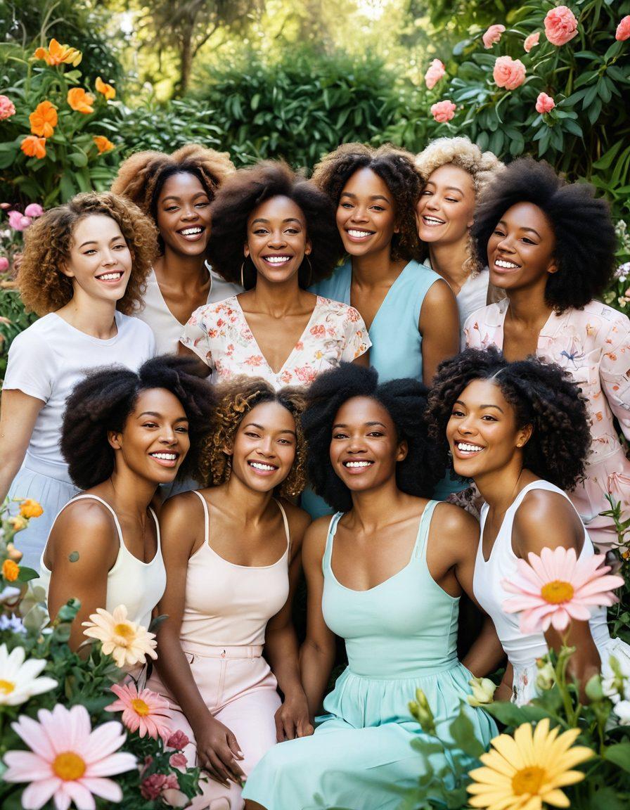 A diverse group of women from different backgrounds joyfully celebrating their unique female anatomy in a lush, blooming garden, symbolizing empowerment and acceptance. The scene includes elements like flowers representing self-growth, soft pastel colors, and radiant sunlight illuminating their smiles. Emphasize warmth, acceptance, and unity among the women. soft pastel colors. vibrant garden setting. super-realistic.